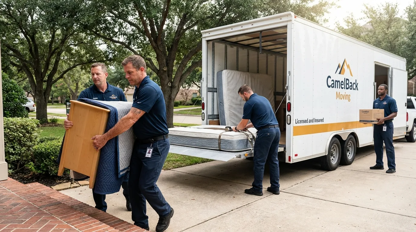 Crew loading residential truck for cross-state move from Fairfax, IA