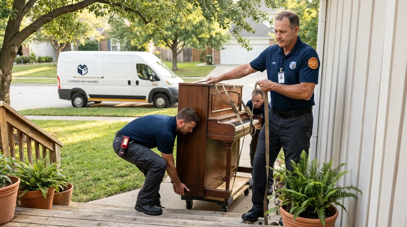Licensed piano movers securing grand piano in Fairfax, IA