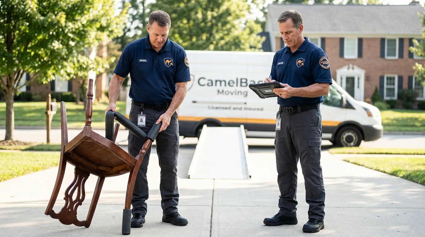 Movers inspecting furniture for damage prevention before loading in Fairfax, IA