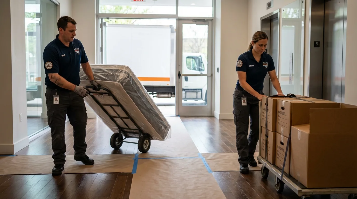 Professional apartment movers loading elevator in Fairfax, IA