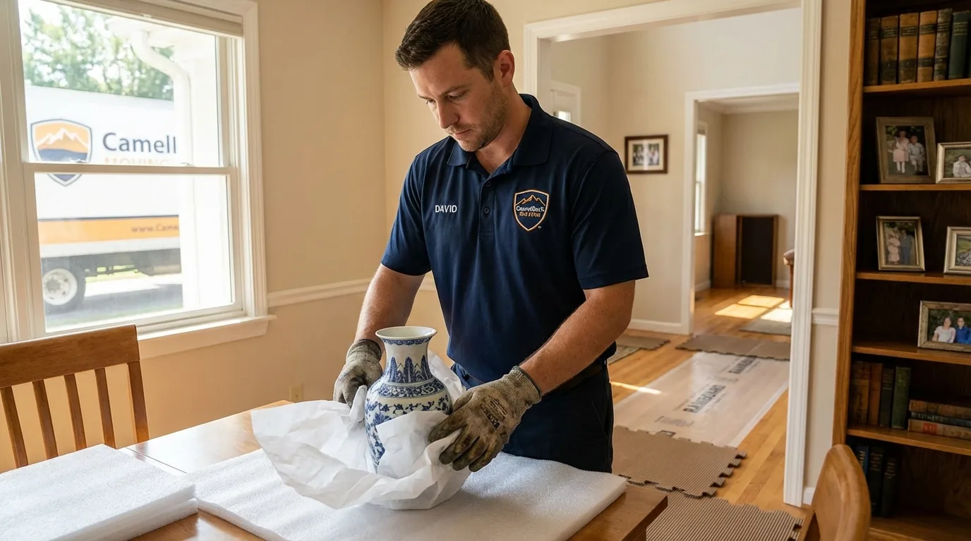 Professional crew carefully wrapping antique vase for senior downsizing move in Fairfax, IA